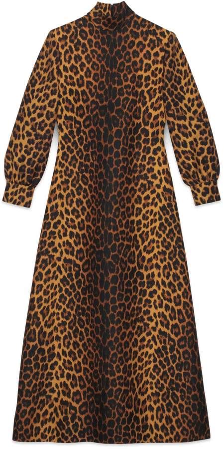 leopard print wool dress gucci|Gucci Leopard Print Long Sleeve Maxi Dress in Animal Print Wool.